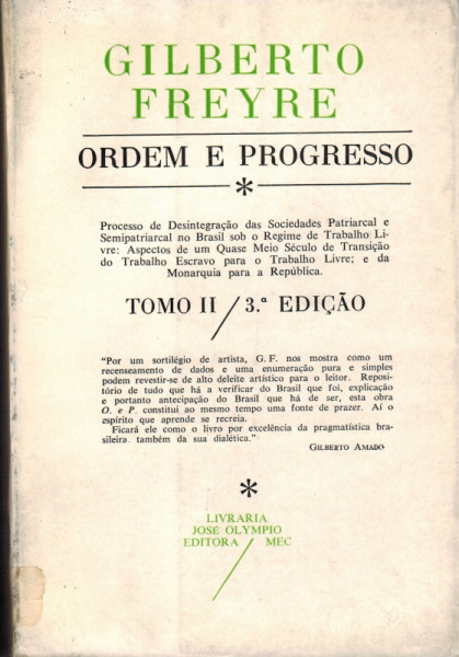 Capa de Ordem e progresso tomo II - Gilberto Freyre