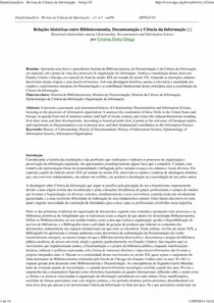 Capa de IMPRESSO Relações Históricas Entre Biblioteconomia, Documentação e Ciência da Informação - DOTTA, Cristina Ortega