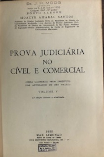 Capa de Prova judiciária no cível e comercial volume V - Moacyr Amaral Santos
