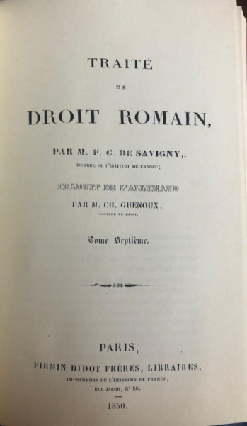 Capa de Traite de Droit Romain volume 1 - M.F.C de Savigny