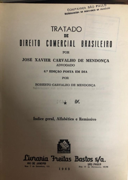 Capa de Tratado de direito comercial brasileiro - José Xavier Carvalho de Mendonça