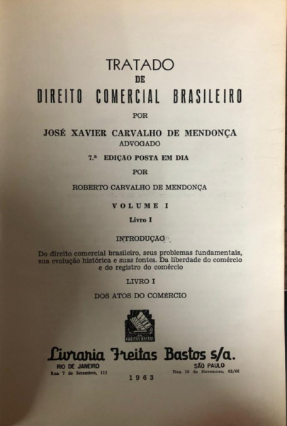 Capa de Tratado de Direito Comercial Brasileiro - J.X Carvalho de Mendonça