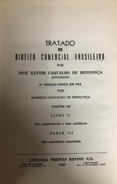 Capa de Tratado de Direito Comercial Brasileiro volume III - J.X Carvalho de Mendonça