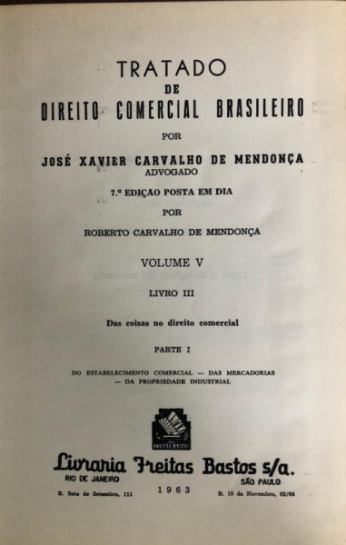 Capa de Tratado de Direito Comercial Brasileiro volume v parte 1 - J.X Carvalho de Mendonça