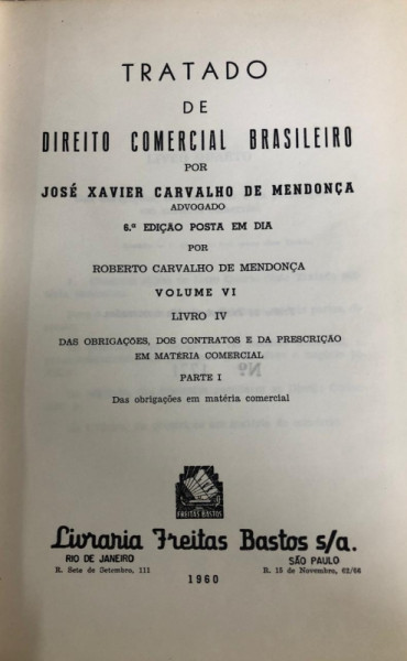 Capa de Tratado de Direito Comercial Brasileiro volume VI parte 1 - J.X Carvalho de Mendonça