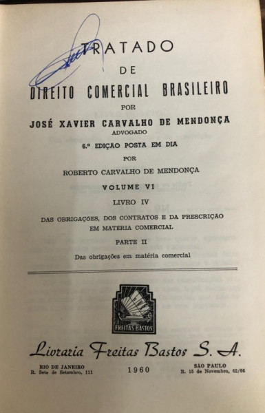 Capa de Tratado de Direito Comercial Brasileiro Volume VI parte 2 - J.X Carvalho de Mendonça