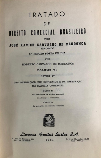 Capa de Tratado de Direito Comercial Brasileiro volume VI parte 3 - J.X Carvalho de Mendonça