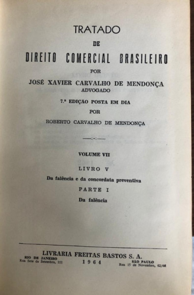 Capa de Tratado de Direito Comercial Brasileiro Volume VII - J.X Carvalho de Mendonça
