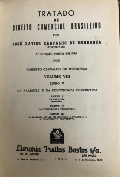 Capa de Tratado de Direito Comercial Brasileiro volume VIII - J.X Carvalho de Mendonça