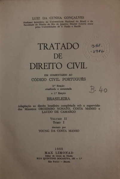 Capa de Tratado de Direito Civil volume 2 tomo 1 - Luiz da Cunha Gonçalves