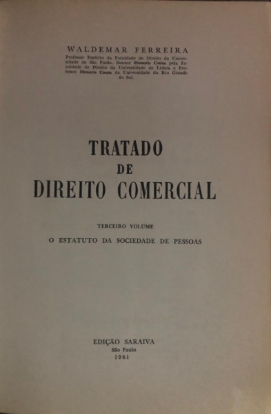 Capa de Tratado de Direito Comercial volume 3 - waldemar Ferreira