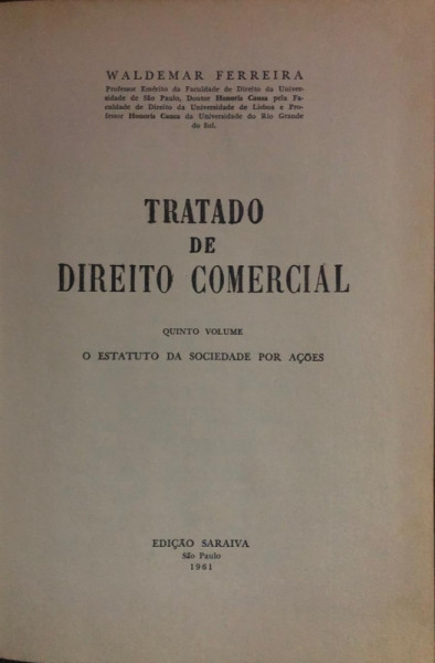 Capa de Tratado de Direito Comercial volume 5 - Waldemar Ferreira