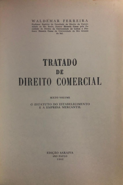 Capa de Tratado de Direito Comercial volume 6 - Waldemar Ferreira