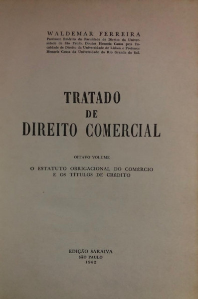 Capa de Tratado de Direito Comercial volume 8 - Waldemar Ferreira