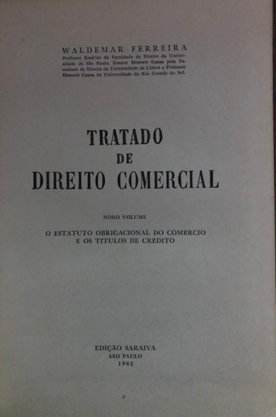 Capa de Tratado de Direito Comercial volume 9 - Waldemar Ferreira