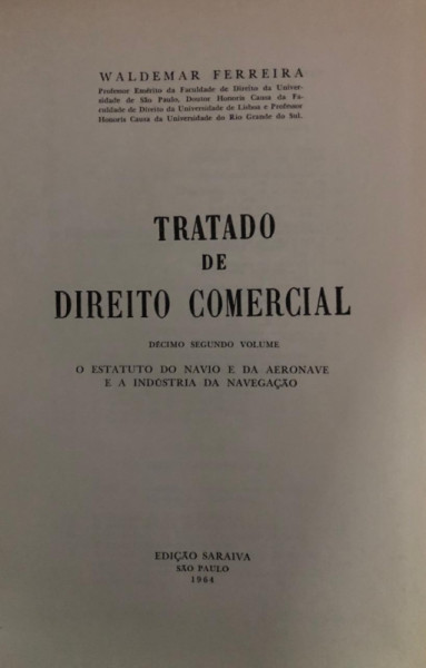 Capa de Tratado de Direito Comercial volume 12 - Waldemar Ferreira