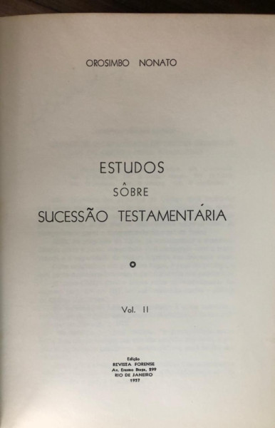 Capa de Estudos sobre sucessão testamentária volume II - Orosimbo Nonato