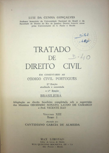 Capa de Tratado de direito civil volume 13 tomo 1 - Luiz da Cunha Gonçalves