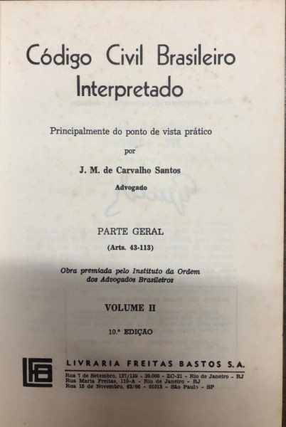 Capa de Código Civil Brasileiro Interpretado volume II - J.M de Carvalho Santos