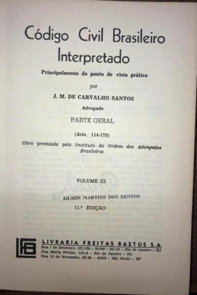Capa de Código Civil Brasileiro Interpretado volume III - J.M de Carvalho santos
