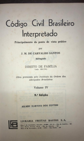 Capa de Código Civil Brasileiro Interpretado volume IV - J.M de Carvalho Santos