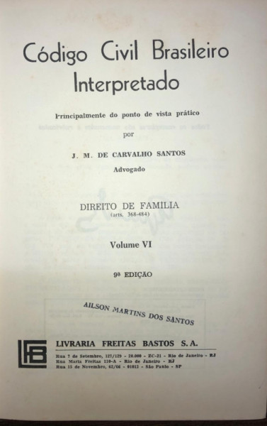 Capa de Código Civil Brasileiro Interpretado volume VI - J.M de carvalho Santos