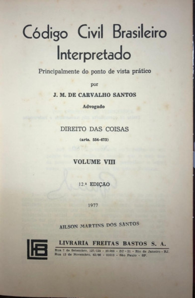 Capa de Código Civil Brasileiro Interpretado volume VII - J.M de carvalho Santos