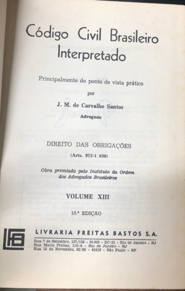 Capa de Código Civil Brasileiro Interpretado volume XIII - J.M de carvalho Santos
