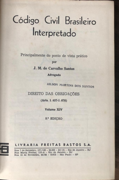 Capa de Código Civil Brasileiro Interpretado volume XIV - J.M de carvalho Santos