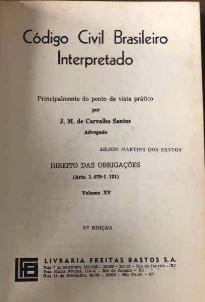 Capa de Código Civil Brasileiro Interpretado volume XV - J.M de carvalho Santos