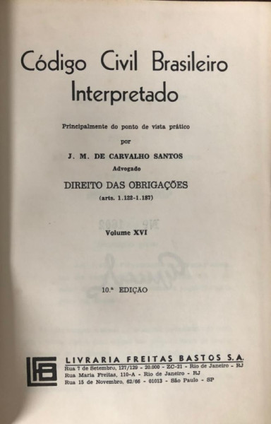 Capa de Código Civil Brasileiro Interpretado volume XVI - J.M de carvalho Santos