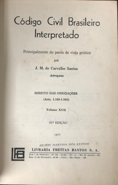 Capa de Código Civil Brasileiro Interpretado volume XVII - J.M de carvalho Santos