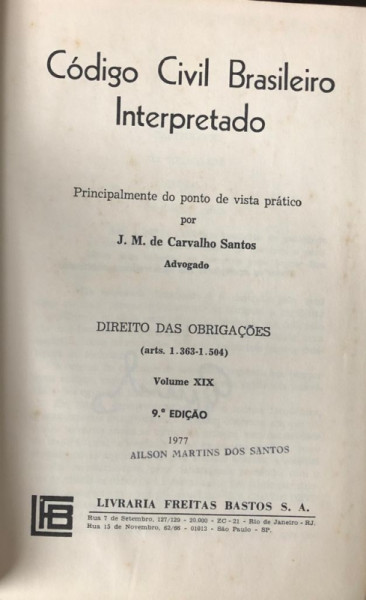 Capa de Código Civil Brasileiro Interpretado volume XIX - J.M de carvalho Santos