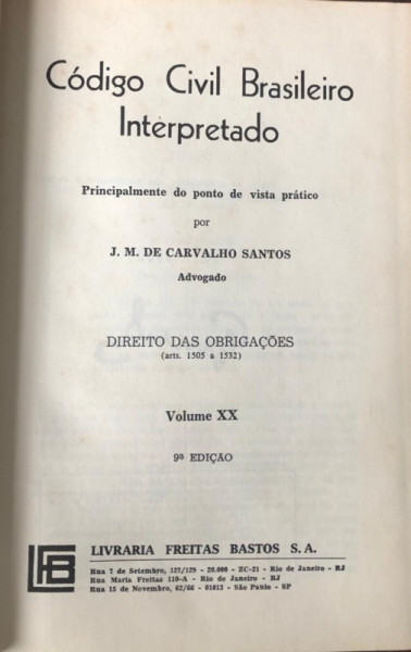 Capa de Código Civil Brasileiro Interpretado volume XX - J.M de carvalho Santos