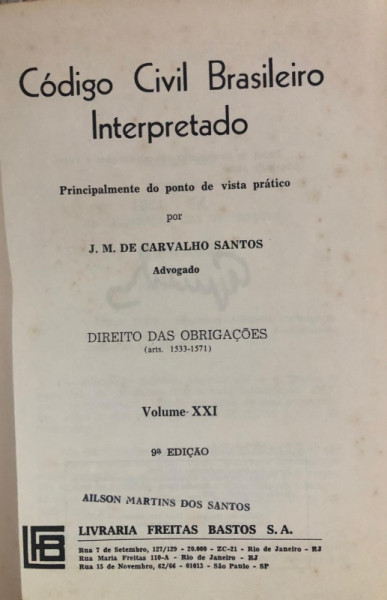 Capa de Código Civil Brasileiro Interpretado volume XXI - J.M de carvalho Santos