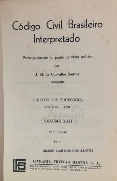 Capa de Código Civil Brasileiro Interpretado volume XXII - J.M de carvalho Santos