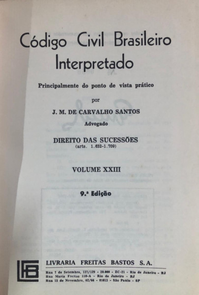 Capa de Código Civil Brasileiro Interpretado volume XXIII - J.M de carvalho Santos