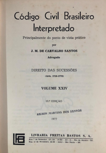 Capa de Código Civil Brasileiro Interpretado volume XXIV - J.M de carvalho Santos