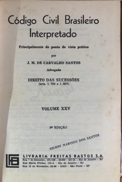 Capa de Código Civil Brasileiro Interpretado volume XXV - J.M de carvalho Santos