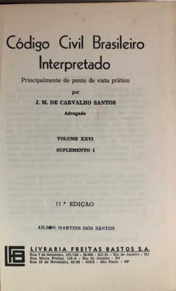 Capa de Código Civil Brasileiro Interpretado volume XXVI - J.M de carvalho Santos