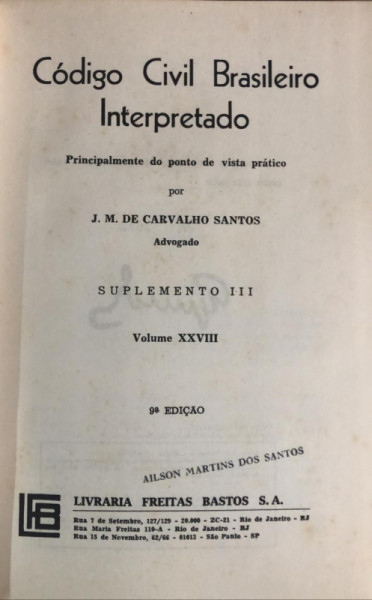 Capa de Código Civil Brasileiro Interpretado volume XXVIII - J.M de carvalho Santos