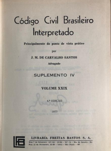 Capa de Código Civil Brasileiro Interpretado volume XXIX - J.M de carvalho Santos