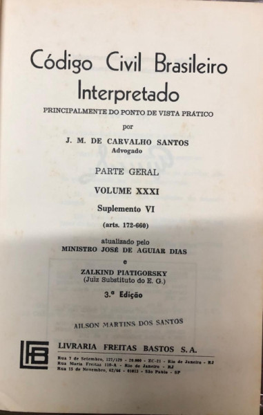 Capa de Código Civil Brasileiro Interpretado volume XXXI - J.M de carvalho Santos