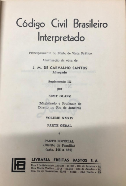 Capa de Código Civil Brasileiro Interpretado volume XXXIV - J.M de carvalho Santos